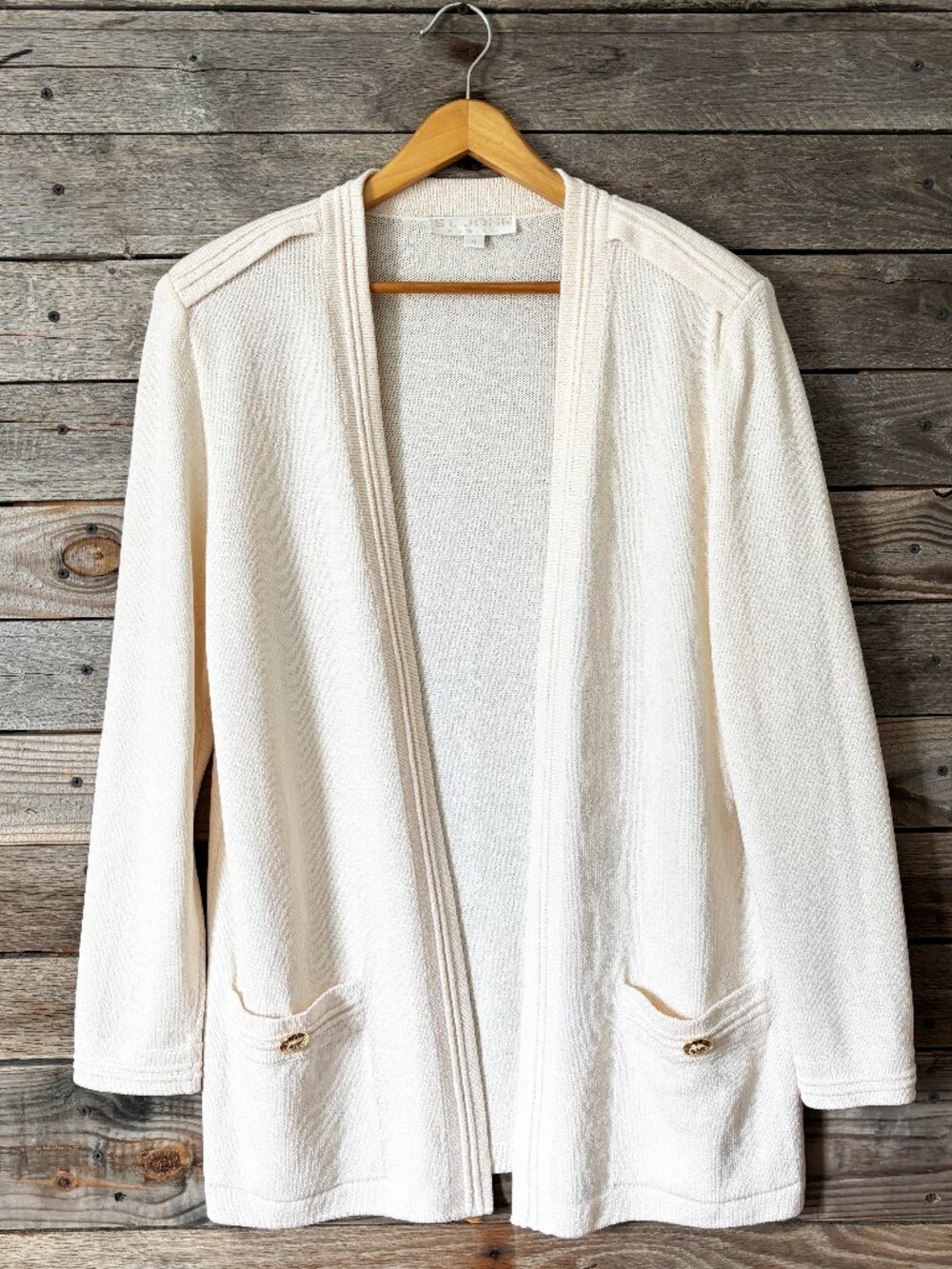 St. John Basics Ivory Open Cardigan Sweater with Pockets & Gold Buttons - Size M